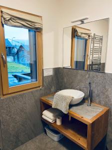 利维尼奥Chalet Nicolin的一间带水槽和镜子的浴室
