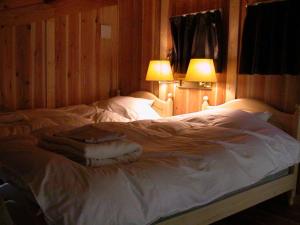 出云市Ichihatakeyama cottage - Vacation STAY 82831的一间卧室配有一张带白色床单和两盏灯的床。