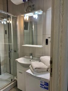 斯韦蒂·斯特凡MM公寓酒店的带淋浴、盥洗盆和镜子的浴室