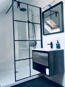 瑙吉考尼饶格里利亚酒店的一间带玻璃淋浴和水槽的浴室