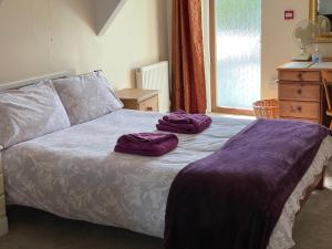 South BrentStation House, Dartmoor and Coast located, Village centre Hotel的床上有两条紫色毛巾