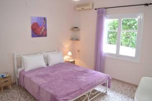 雅典Dolce Casa: Athenian Residence with private Garden的一间卧室设有紫色的床和窗户