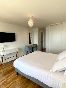 滨海卡涅Maison de la Marine的一间卧室配有一张床、一张书桌和一台电视。