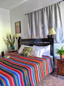 西湾Seaside Inn Roatan的一间卧室配有一张带彩色条纹毯子的床