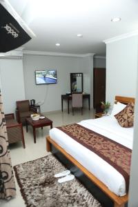 姆万扎Adden Palace Hotel & Conference Centre的一间酒店客房,配有一张床和一台电视
