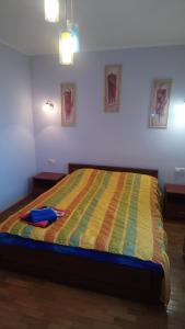 阿拉木图Apartment on Tole Bi的一间卧室配有一张带五颜六色棉被的床