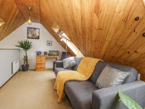 伊尔明斯特Dalegarth的客厅设有灰色的沙发和木制天花板。