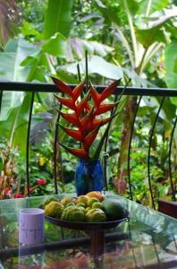维多利亚PAPAYAS SELF catering ROOM的蓝色花瓶,桌上有红色的鲜花,还有水果