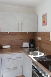 RingelaiFerienhaus Bayerwald的厨房配有白色橱柜和水槽