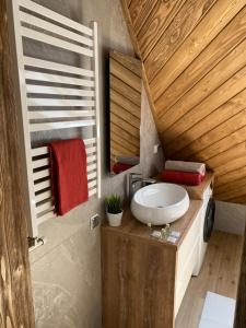 考斯赛力克Apartamenty Butorowy的木制柜台上带白色水槽的浴室