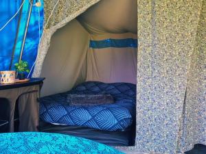 Anna Paulowna4 persoons ingerichte tent op kleine camping的房间里的帐篷里的一张床位