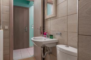 奥林匹亚基·阿克蒂Ouzas luxury Hotel的一间带水槽、卫生间和镜子的浴室