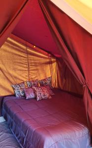 拉戈尔斯Le Mas de l'Ibie Bleue的帐篷内的一张床位,配有枕头