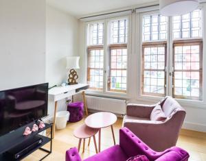 安特卫普Antwerp old town appartment的客厅配有紫色家具和电视