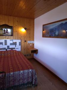 雷塞兹Les Saisies côté Bisanne appartement dans chalet LE Népal的卧室配有一张床,墙上挂有绘画作品