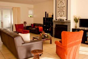 米德兰Amohela Guesthouse的客厅配有沙发、椅子和壁炉