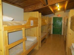 卡纳纳斯基斯村HI Kananaskis Wilderness - Hostel的一间设有双层床和绿门的客房
