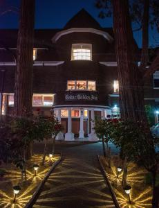 纳帕雪松山墙住宿加早餐旅馆的一座建筑,在晚上有灯