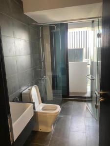 努沙再也Almas Suite的浴室配有卫生间、盥洗盆和淋浴。