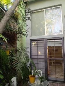 罗萨里奥Jardin Secreto的一座房子,有车库门和一些植物