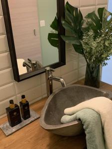 梅赫伦BnB De Koepoort的浴室设有水槽、毛巾和镜子
