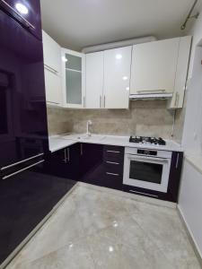 切尔诺夫策127-Avenue Apartment的厨房配有白色橱柜和炉灶。