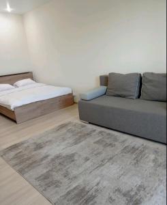 卢茨克Квартира в новобудові的一间客房配有两张床、一张沙发和地毯。