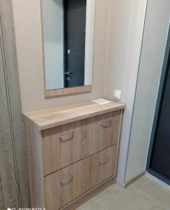 卢茨克Квартира в новобудові的一间带木制水槽和镜子的浴室