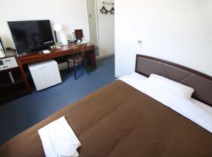 挂川市Royal Inn Kakegawa (Station Hotel 2)的一间卧室配有一张床、一张书桌和一台电视
