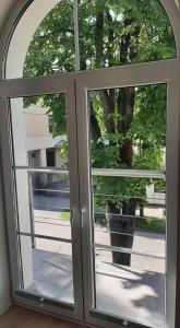 希奥利艾Jaukūs apartamentai centre的窗户享有外面树木的景致