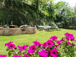 拉卡努尔格Les Gîtes du Moulin d Olt的一群粉红色的花在院子里,有长凳