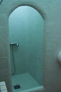 查兹拉德拉谢拉La Cartuja de Cazalla的一间铺有绿色瓷砖的淋浴浴室
