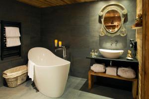 夏蒙尼-勃朗峰Chalet-Hôtel Hermitage的一间带大浴缸和水槽的浴室