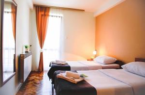 ŠavnikHotel Djokovic的酒店客房设有两张床和窗户。