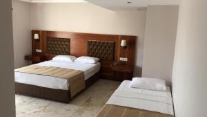 达利安蒙大拿酒店的一间卧室设有两张床和木制床头板