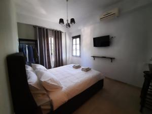 帕尔加Nerajoula House的一间卧室配有一张带白色床单的床和一台电视。