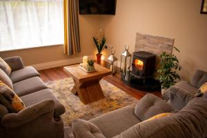 卡文Drumlanaught Cottage Farnham的客厅设有两张沙发和一个燃木炉