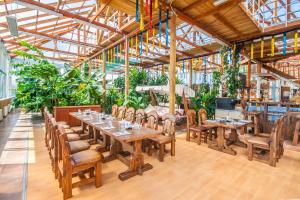 Abuzierje阿格罗萨巴阿布泽耶酒店的餐厅设有木桌和椅子,种有植物
