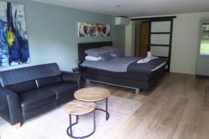 SwalmenDe Eppenbeek的一间卧室配有一张床、一张沙发和一张桌子