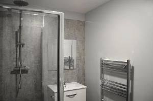 桑德兰The Lemonfield Hotel的带淋浴、卫生间和盥洗盆的浴室