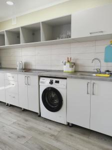 乌斯季卡缅诺戈尔斯克ApartNew in City Centr的白色的厨房配有洗衣机