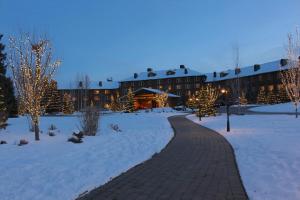 太阳谷Delightful Atelier Getaway的雪中带圣诞灯的建筑