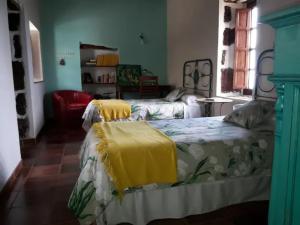 GuarazocaCasa Rural Los Mozos的一间卧室配有两张带黄毛毯的床。