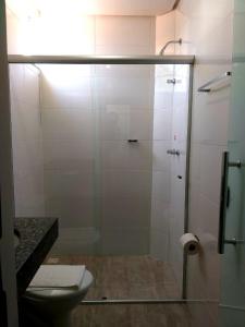 皮乌米Hotel Petaluma Piumhi的浴室设有玻璃淋浴间和卫生间