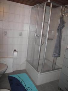 内特塔尔Nettetal - free2beme的带淋浴的浴室,铺有蓝色地毯