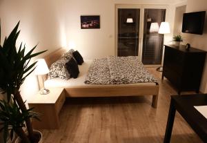 图尔诺夫Apartmán Wellness Sedmihorky的一间卧室配有一张床、两盏灯和一棵植物