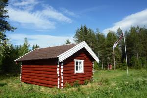 LjørdalHytte fra 1721 uten internett, strøm, vann - men med rødmalt utedo的一个带旗帜的野外小木屋
