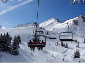 塔南日studio cabine Praz de Lys的一群人乘雪地滑雪升降机