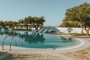 法萨诺马塞里亚博尔戈里特拉酒店的游泳池,带椅子和树木,水