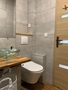 普瓦捷T2 Moderne au Cœur Poitiers的一间带卫生间和玻璃水槽的浴室